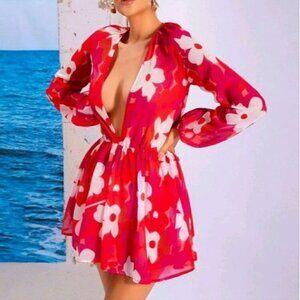 FLORAL DEEP PLUNGING DRESS